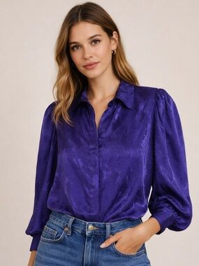 Vintage TESS Paris Milano Purple Satin Blouse | Puff Sleeve Retro Top Size 12